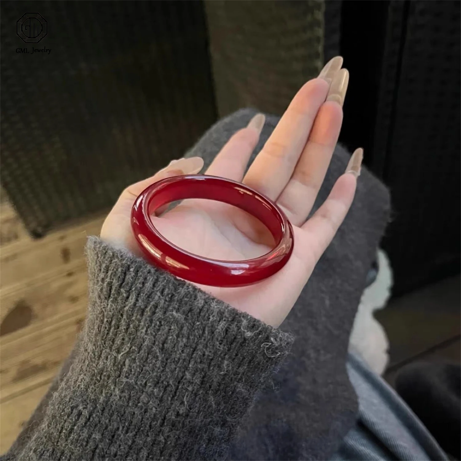 Natural Red Agate Chalcedony Bangle Genuine Bright Red Jade Stone Bracelet Women Chunky Medium Width Zodiac Year Lucky