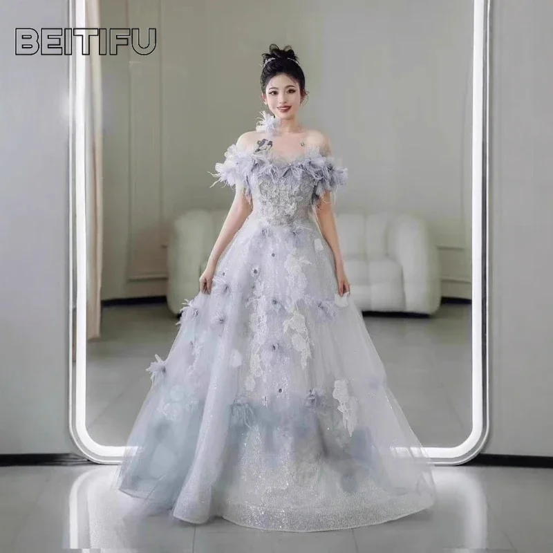 

BeitifuBaby Evening Dresses for Women Princess Style Off The Shoulder Flower Decoration S-line Skirt Banquet Gown Party Dress