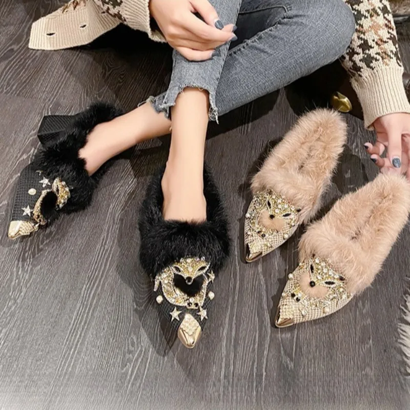 

Winter Fox Winter Rhinestone Rabbit Fur Short Boots Fashion Plush Thick Heel Women's Shoes Pointed Tip Warm Women's Cotton Shoes