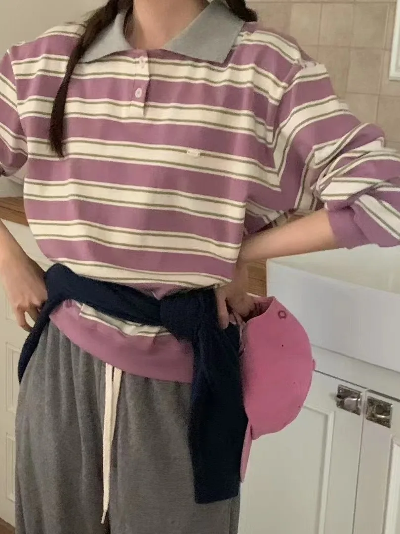 Koszulka damska w cukierkowych kolorach na wczesną jesień 2025, w paski, szykowna, z charakterystycznym kołnierzykiem, luźna, w stylu koreańskim, inna od...