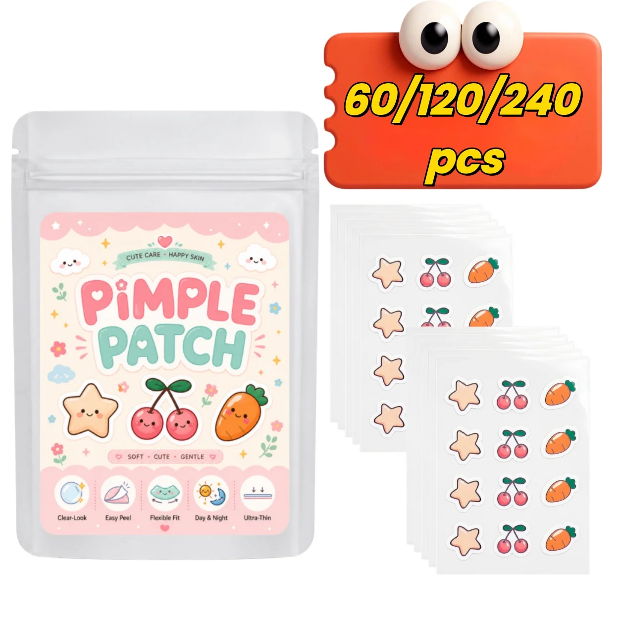 60/120/240 Pcs Cute Cherry Carrot Star Pimple Patches, Gentle Spot Covers for Fresh Clear-Look Skin Care