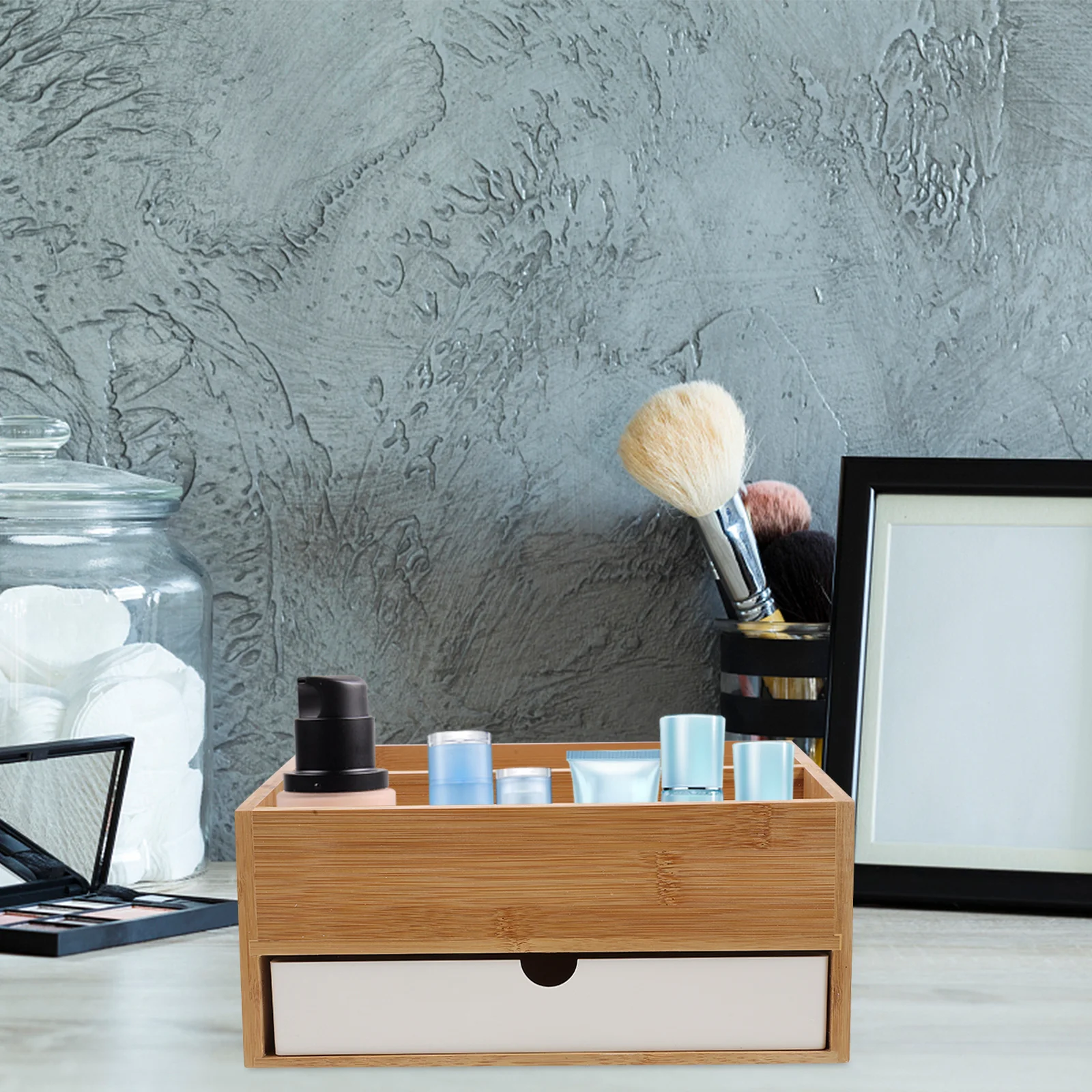 الخيزران مكتب منظم درج تخزين سطح المكتب متعدد الوظائف مخزن للمكياج حالة الغرور كونترتوب المنظم