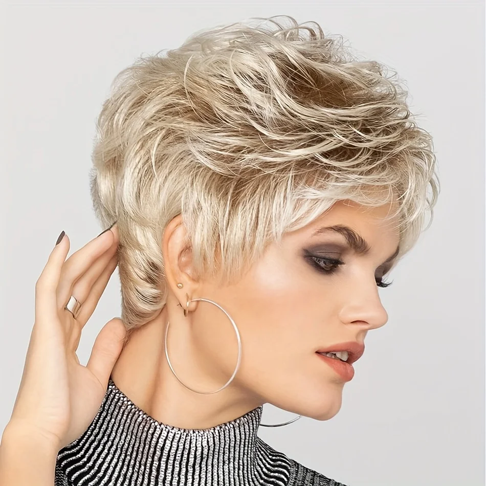 

Золотисто-русый парик с прической пикси и челкой, из синтетического волокна