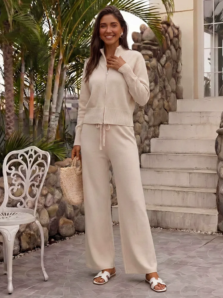 Autumn and Winter Women Knitted Pants Suit Fashion Sweet Solid Thick Warm Cardigan Sweater Casual Knitted Wide Leg Pants 2pcs