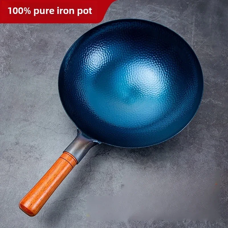 

32/34/38cm Iron Wok Traditional Handmade Iron Pot Wooden Handle Kitchen Wok for Gas Cooker Pan Cookware