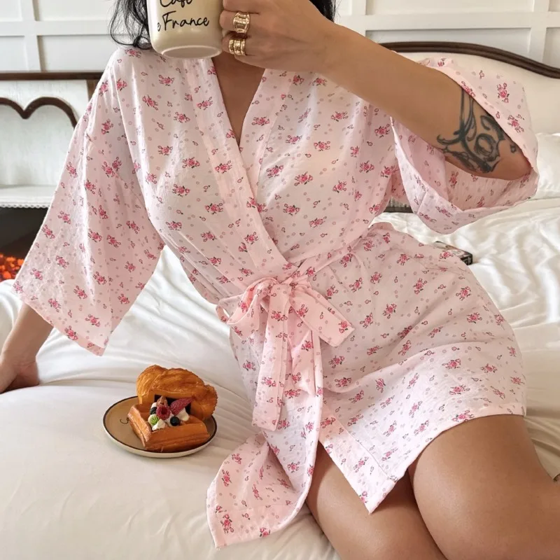 Cloud Cotton Printed Seersucker Kimono Spring and Autumn Nightgown European and American Loungewear Women's Pajamas Sleepwear
