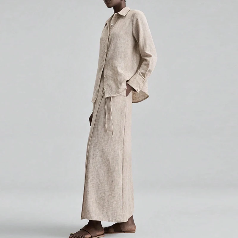 Lady Lapel Button Up Shirt & Skirt Commuting Outfit Elegant High Waisted Pocket Autumn Set Vintage Solid Loose Cotton Linen Suit