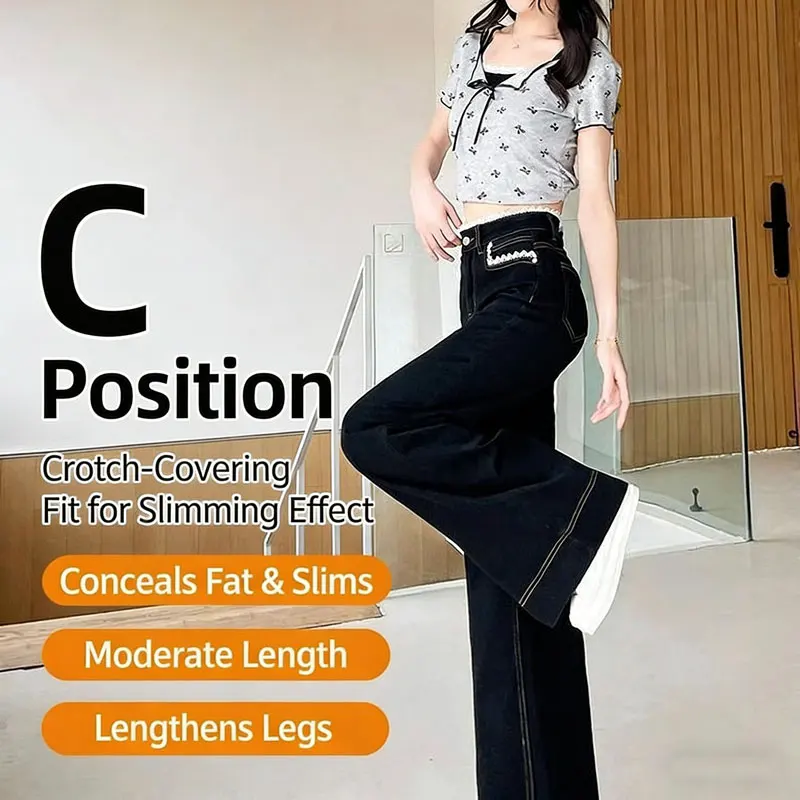 Czarne dżinsy z szerokimi nogawkami i koronkowym wykończeniem, damskie, letni trend, cienkie, szerokie, duży rozmiar, uniwersalne, szerokie spodnie z wysokim stanem, proste dżinsy.