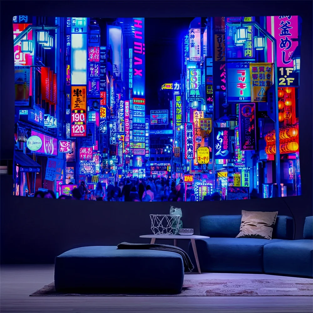 VIKAMA Tokyo City Fluoreszierender Wandteppich, ideal für die Wanddekoration in Wohnzimmern, Schlafzimmern und Büros oder zur Partydekoration