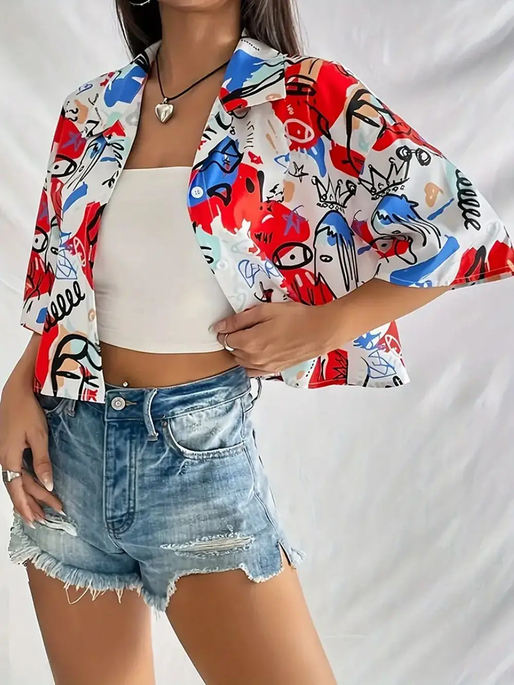 Graffiti-stijl dames reversoverhemd zomer nieuwe vakantie casual mode kort shirt 3D-printproces los en comfortabel