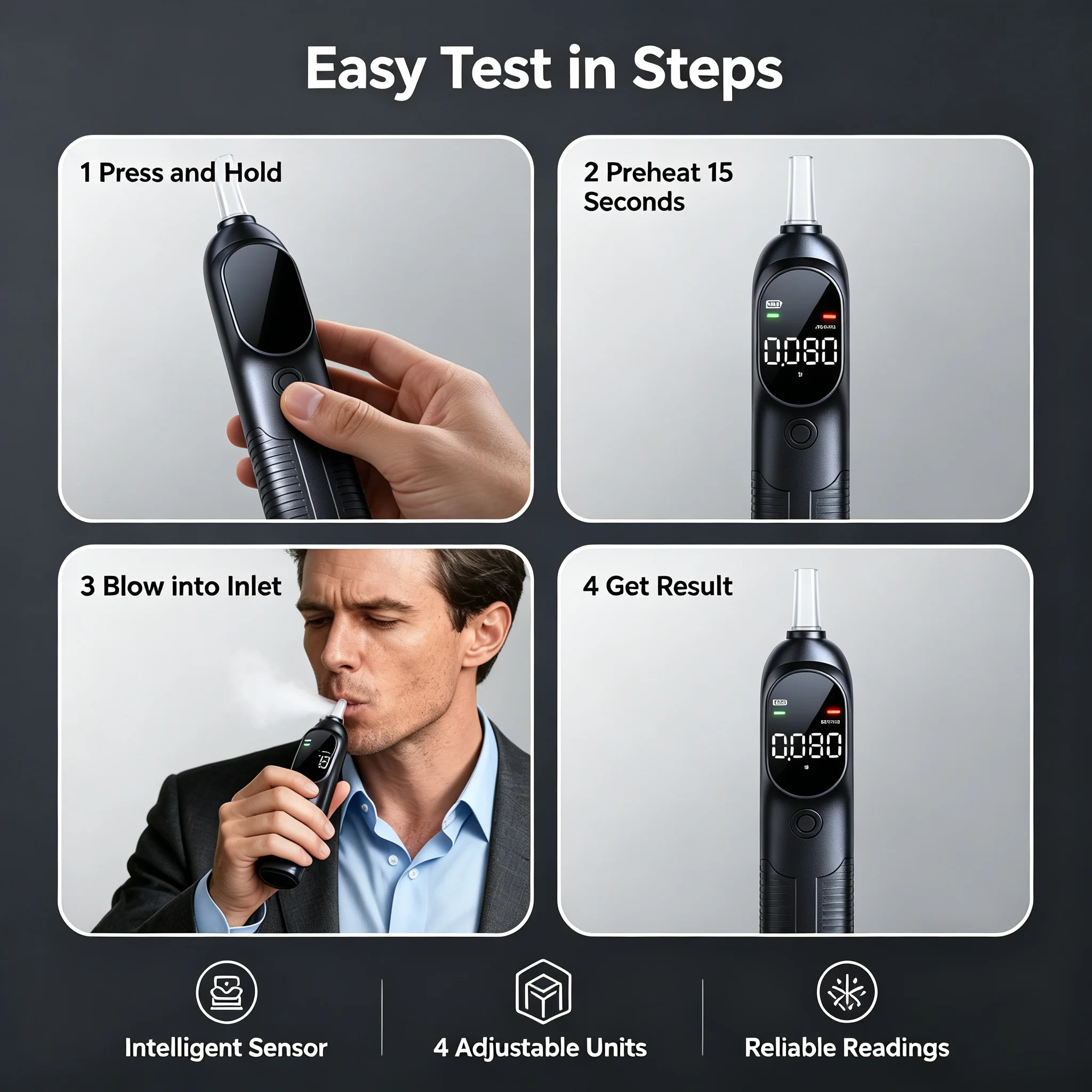 Mini Pocket Personal Breathalyzer, Portable Digital Breath Alcohol Tester with 5 Blow Pipes, 4 Adjustable BAC Units for Drivers