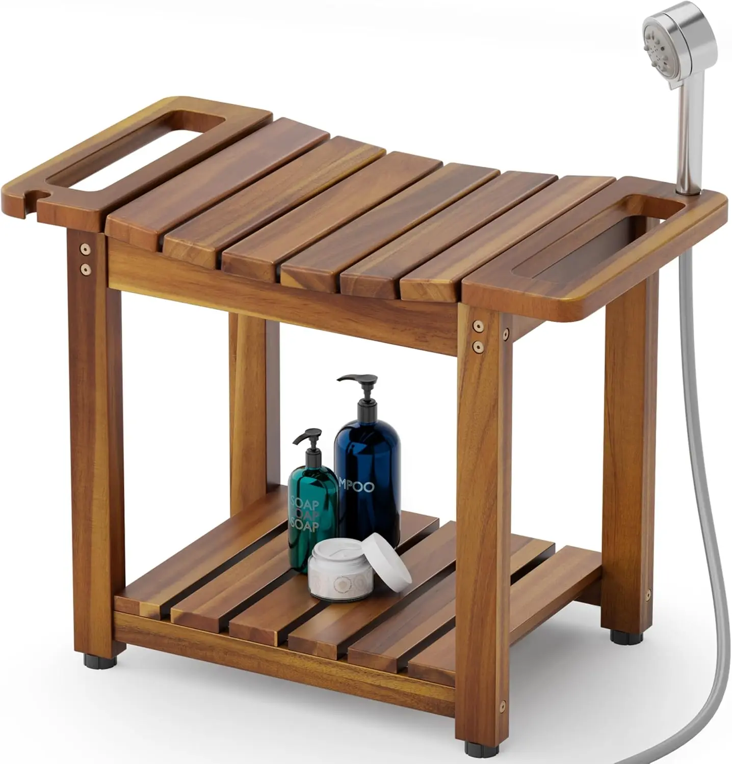 

Natural Wood Shower Bench with Storage Shelf, Waterproof Bath Seat for Leg Shaving and Spa, Built-in Handle & Head Holder