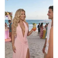 Women Deep V Neck Halter Maxi Dress Backless Ruched High Split Cocktail Party Formal Prom Gown Wedding Guest Dress - Image 6