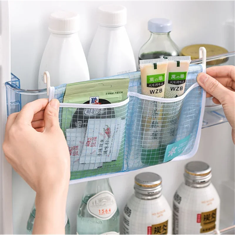 Refrigerator Storage Mesh Bag Double Compartment Hanging Pouch Kitchen Organizer Pockets with Hook Washable Fridge Net Bag