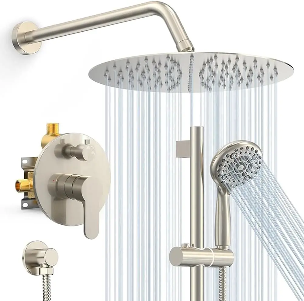 Sr Sun Rise 12 Inch Rain Shower System, High Pressure Shower Heads And Handheld 6-Spray Combo Set Slide Bar Shower Faucets Sets