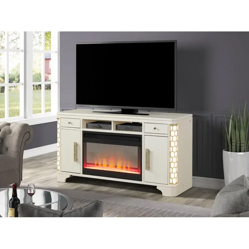 

Beige TV Stand with Electric Fireplace, Modern Design, Storage Space, Fits in Living Room or Bedroom, Cozy Atmosphere
