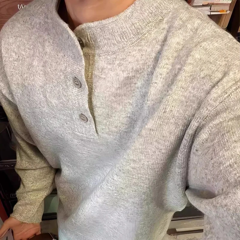 Men's Henry Collar Knit Sweater Popular Light Luxury Button-down Long Sleeve Retro Leisure Streetwear Fashion Pullover 2025 New