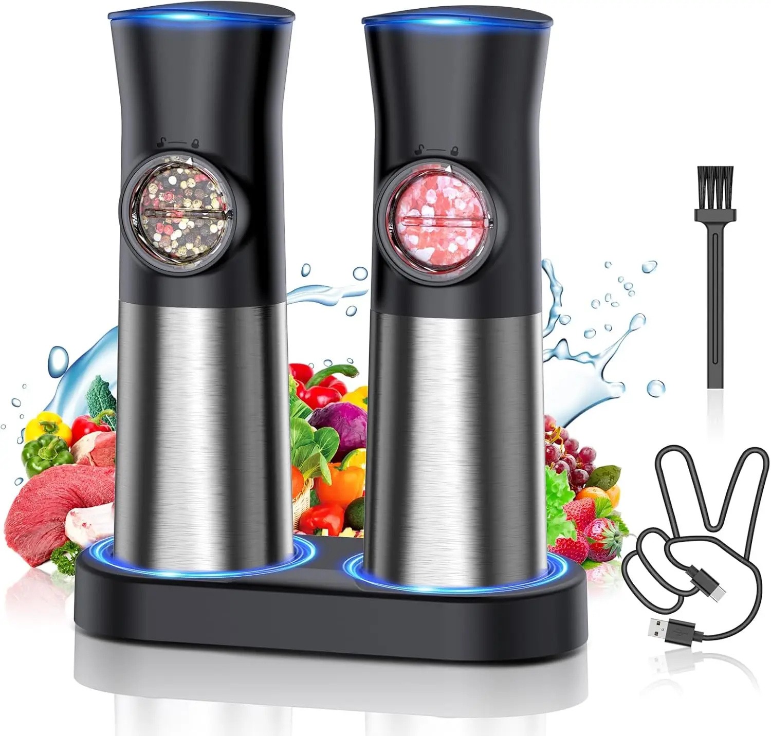 

USB Rechargeable Electric Salt and Pepper Grinder Set with Adjustable Fineness, LED Light, and One-Handed Operation