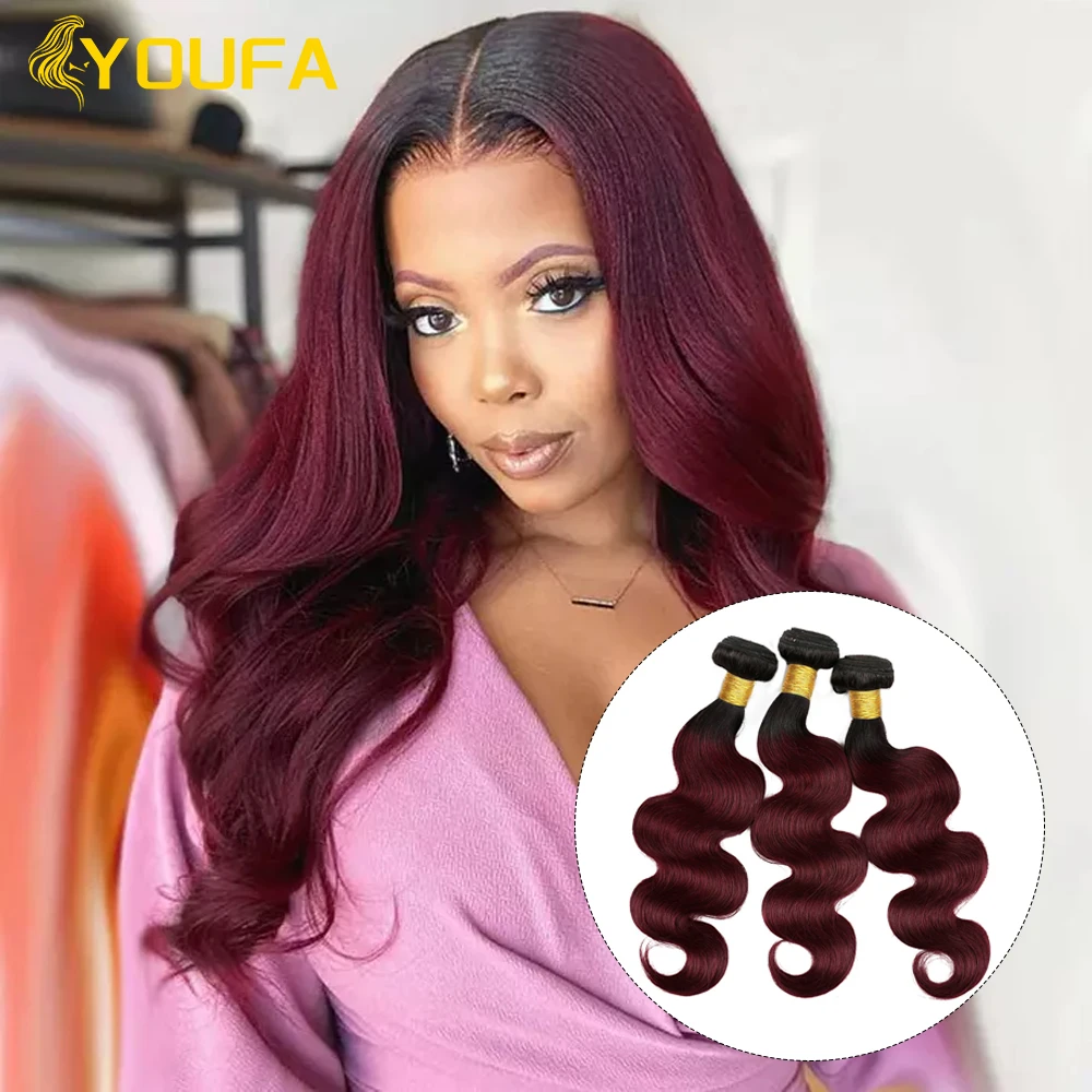 

YOUFA Burgundy Body Wave Human Hair Bundles 10-28 Inch 100% Brazilian Ombre Color 1B/99J Dark Wine Red Human Hair Weave Bundles