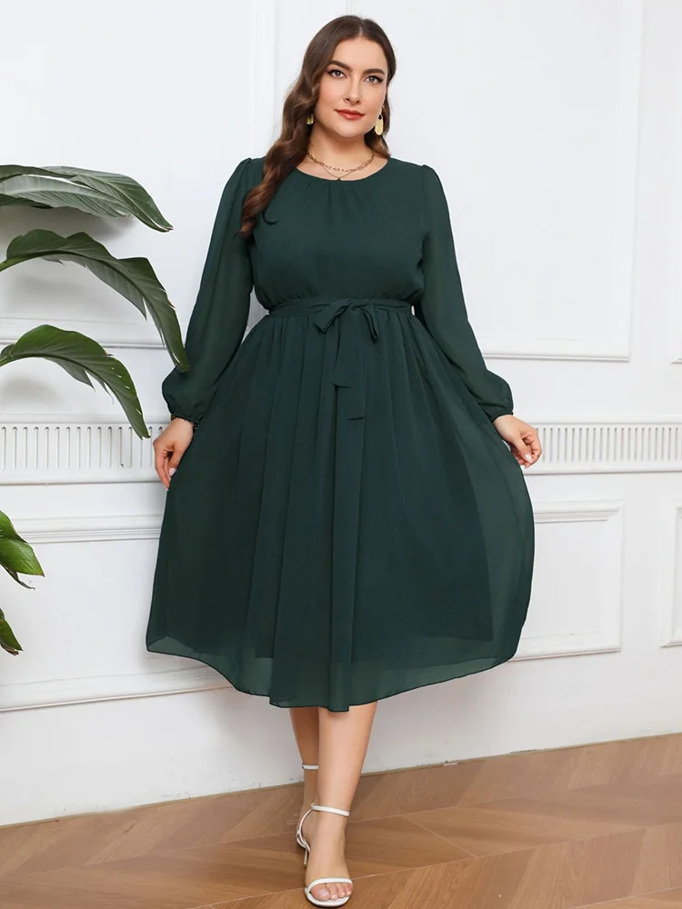 GIBSIE Plus Size Elegant O-Neck Belted Long Dress Women Spring Summer High Waist Chiffon Long Sleeve Female Solid A Line Dresses