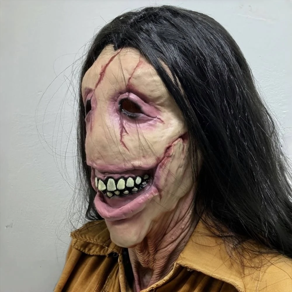 Adulto peruca longa máscara facial de borracha feio zumbi sangrento diabo halloween assustado máscara para cosplay festa acessório