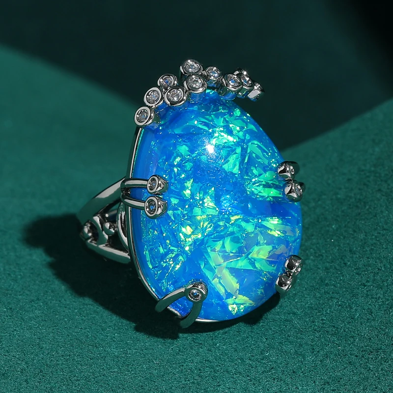 

Large Bright Blue Opal Rings Vintage Oval Designer Antique Silver Color Beach Jewelry For Woman 2026 Anniversary Engagement