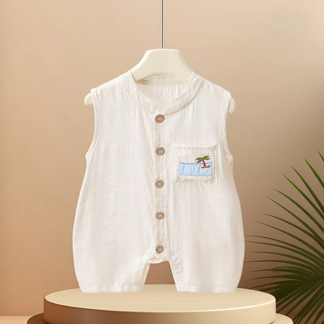 3M-3Y Summer New Cute Style Boys Bodysuit Coconut Tree Embroidery Single Breasted O-Neck Baby Jumpsuit Thin Soft Toddler Romper