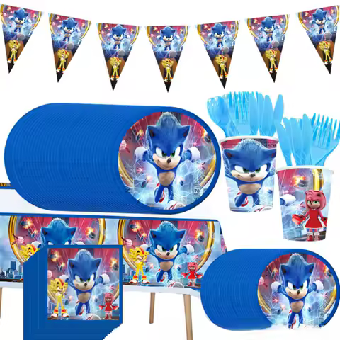 Set Sonic Hedgehog Birthday Party Decorations Box Napkins Plates Tablecloth Cups Knives Forks Spoons Kids Tableware Supplies