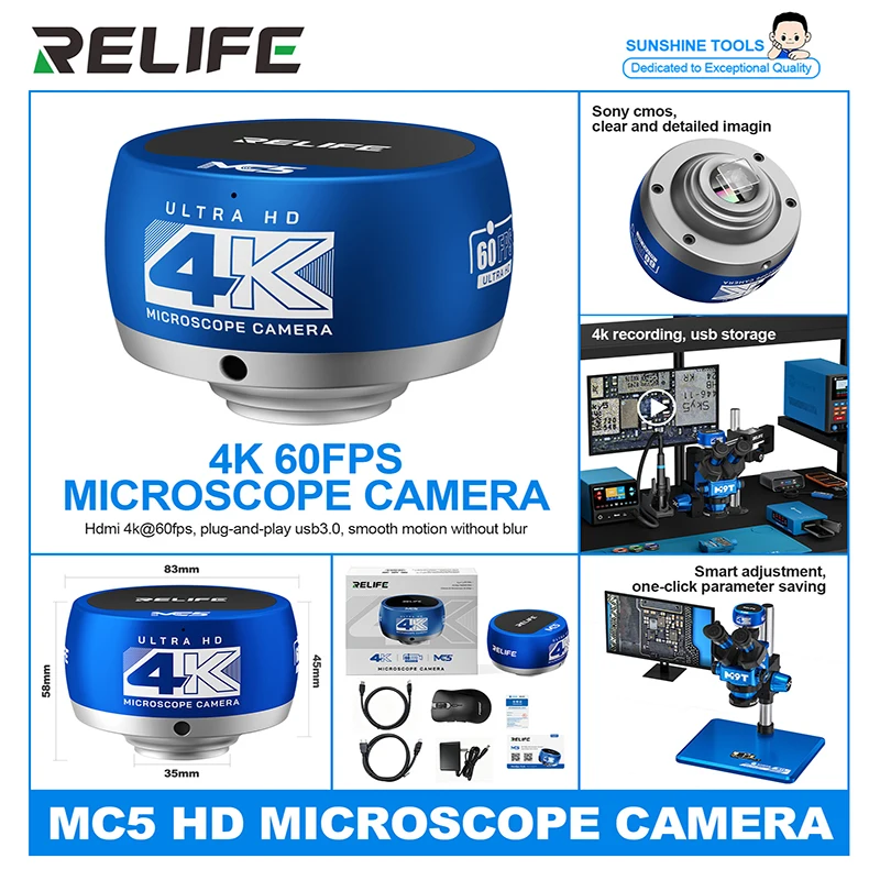 RELIFE MC5 4k 60FPS Ultra-smooth Camera Photo and Video Capture with USB Storage for Easy Archiving Supports Various Microscopes