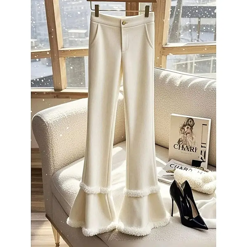 

White High Waist Flare Autumn Winter All-match Fashionable Solid Color Elastic Waist Wide Leg Pants Ladies Fashion Slim Straight