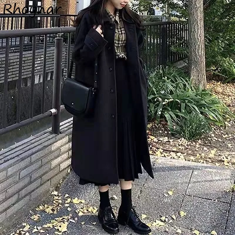 

Long Blends Women Retro Solid Comfortable Chic Trendy Fall Winter Preppy Style All-match Female Outerwear Basic Elegant Popular