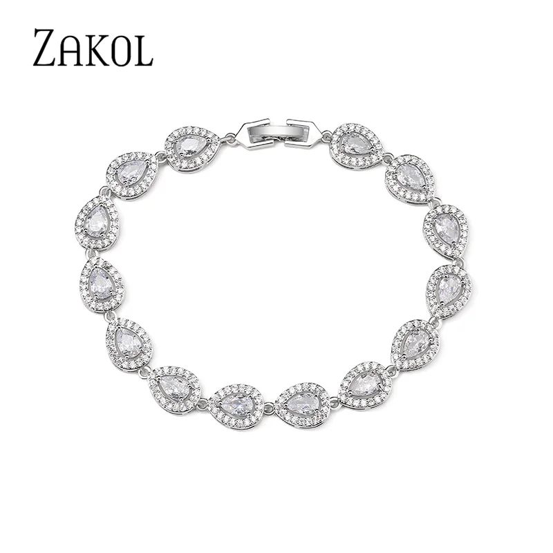 ZAKOL Luxury Water Drop Bracelets for Women Classic Round Cubic Zircon White Gold Color Bangle Flower Wedding Party Jewelry