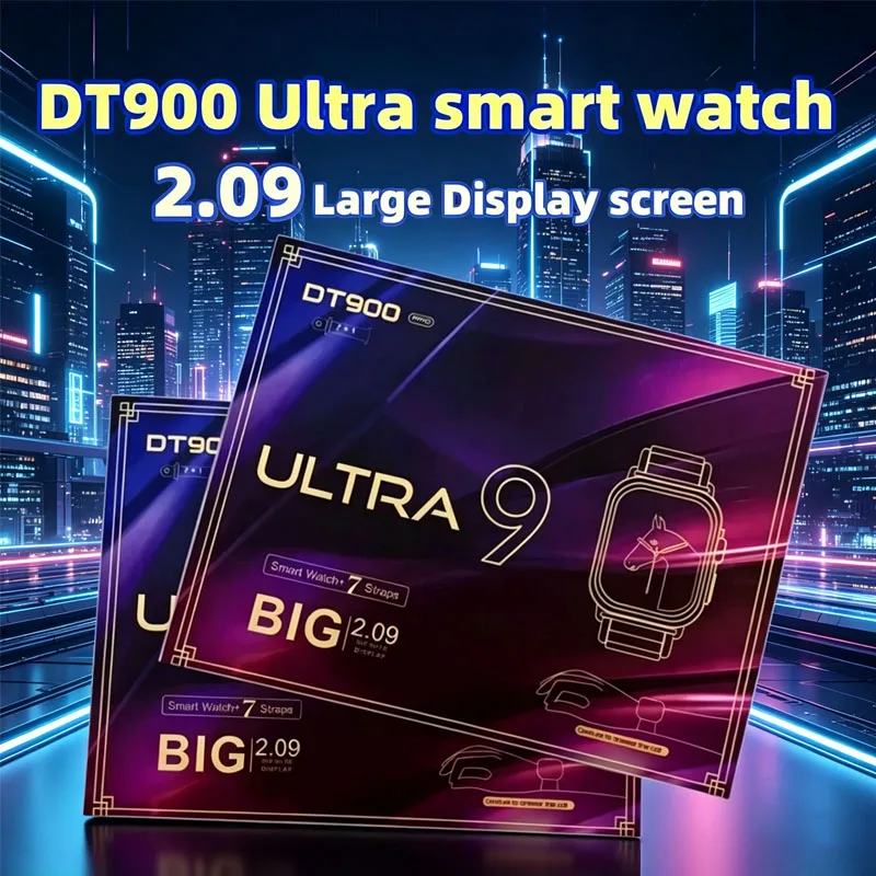

Умные часы DT900 Ultra 9 с большим дисплеем 2.09 дюйма, 7 ремешками, функцией Bluetooth-звонков и фитнес-трекером для iOS и Android ﻿