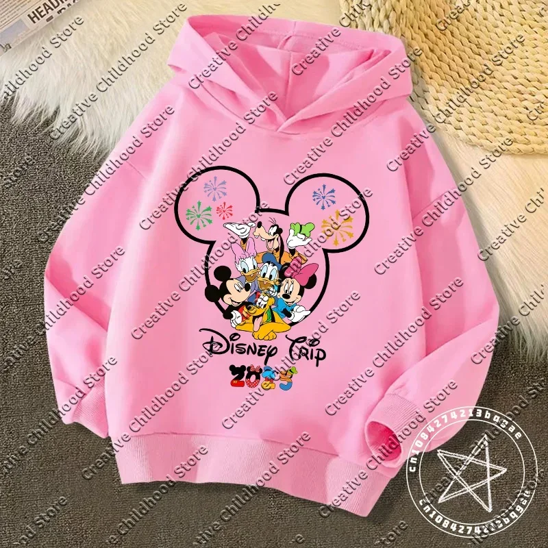 Disney Kawaii 2025 Fashion Disneyland Trip Vacation Clothes Caricature Hoodie Children Top Cartoons Girl Clothes Boy Disney Kids