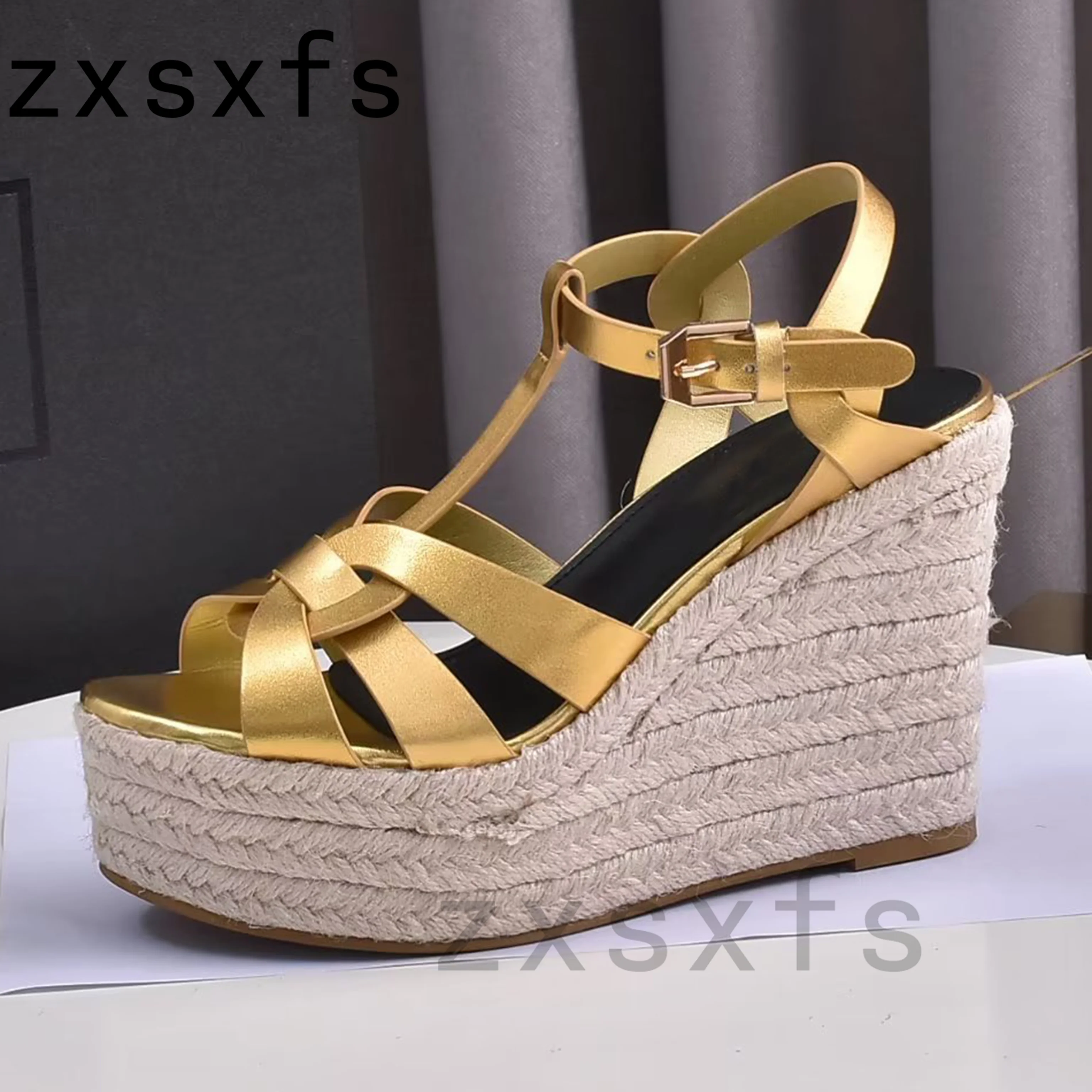 

Summer Super Wedge Heel Platform Sandals Women Real Leather High Heel Party Shoes Girl's Weave Leather Modern Sandalias Mujer