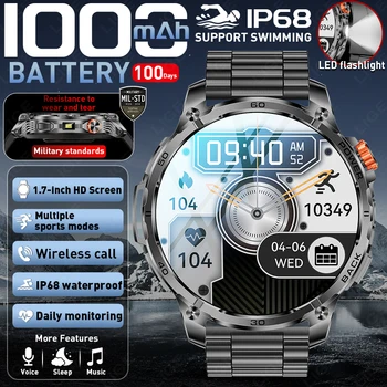 Inteligentny zegarek sportowy na zewnątrz 2026 Nowy, wojskowy standard, bateria 1000mAh, wodoodporność IP68, latarka LED, połączenia Bluetooth, smartwatch dla mężczyzn