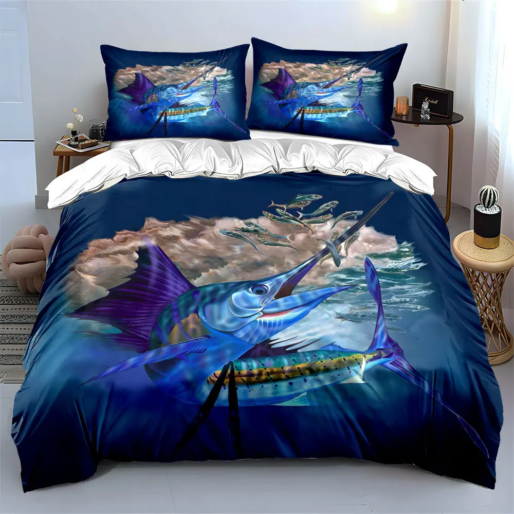 Blue Marlin Ocean Theme Decor Multiple sizes kid's and adults' bedroom Exquisite 3PC bedding set, gift