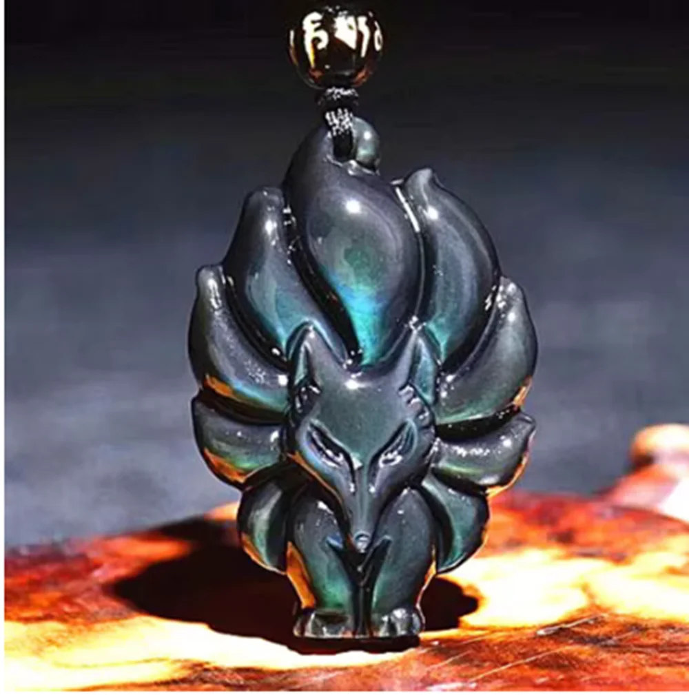 Rainbow eyes obsidian quartz crystal, 9-Tailed Fox pendant, reiki gift, 1PCs