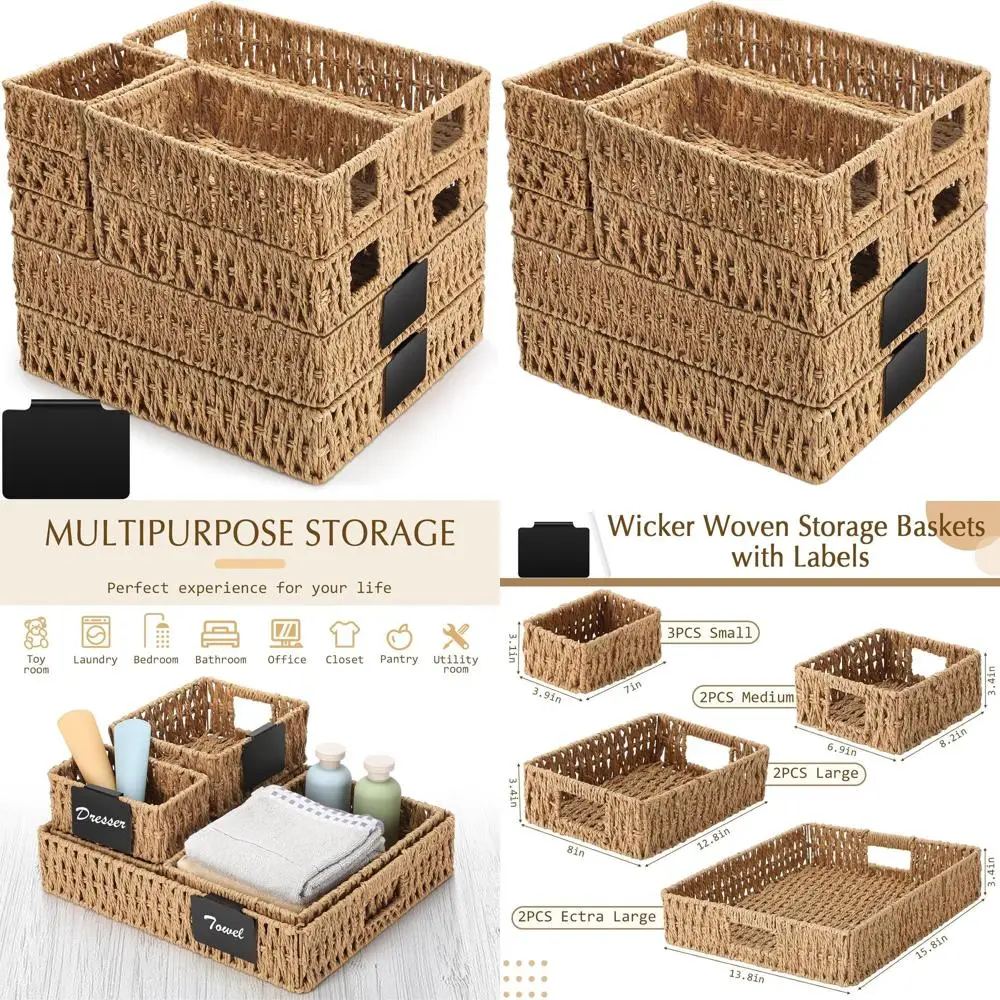 

Multi-Size Handwoven Paper Rope Baskets with Labels for Organizing, Ideal for Shelves, Closets, and Pantries