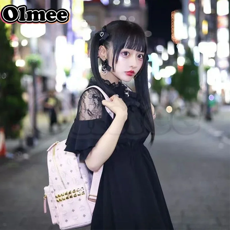 [Olmee] In Stock Jirai Kei Black Lace Dress Japanese Lolita Mine Style Gown Skirt Kawaii y2k Kawaii Sweet Bow Girly Belt Ribbon