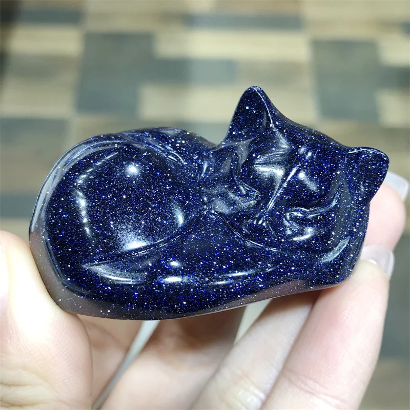 Imagem -03 - Azul Goldsand Pedra Dormindo Gato Escultura Estatueta Cura Reiki Gemstone Artesanato de Cristal para Decoração ou Crianças Presente Peças Natural