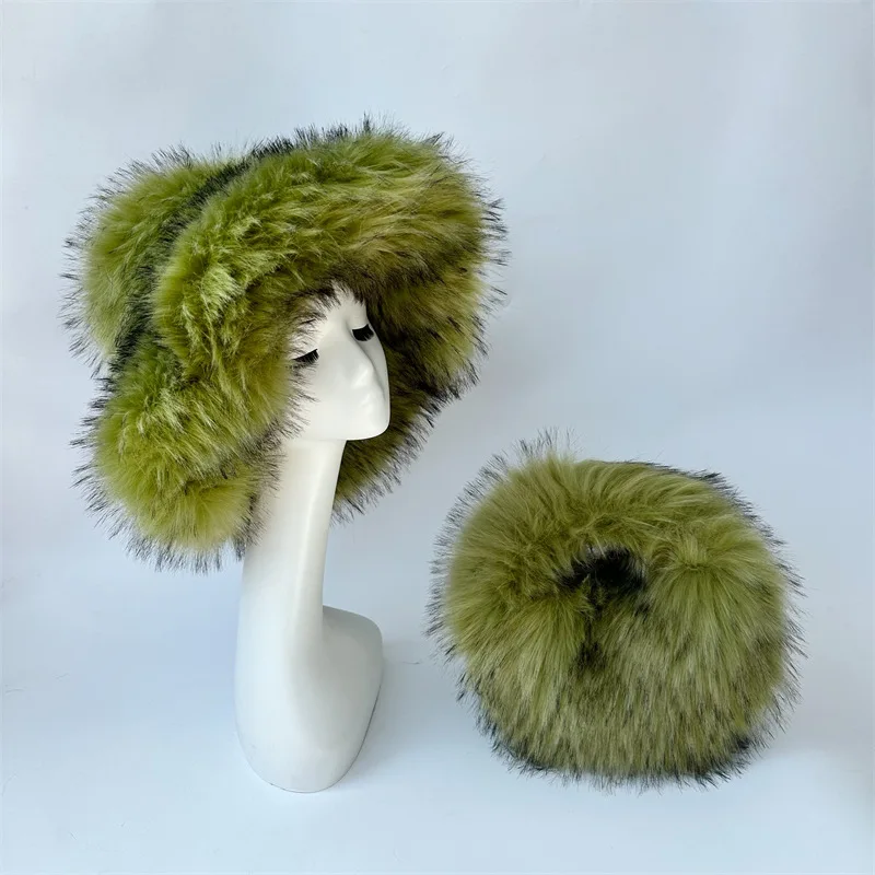 Flauschige übergroße y2k Eimer Hut große Krempe Hut Frauen Winter Wolle warme dicke Imitation Waschbär Hund Hut Eimer Hut Frauen – Detail 10