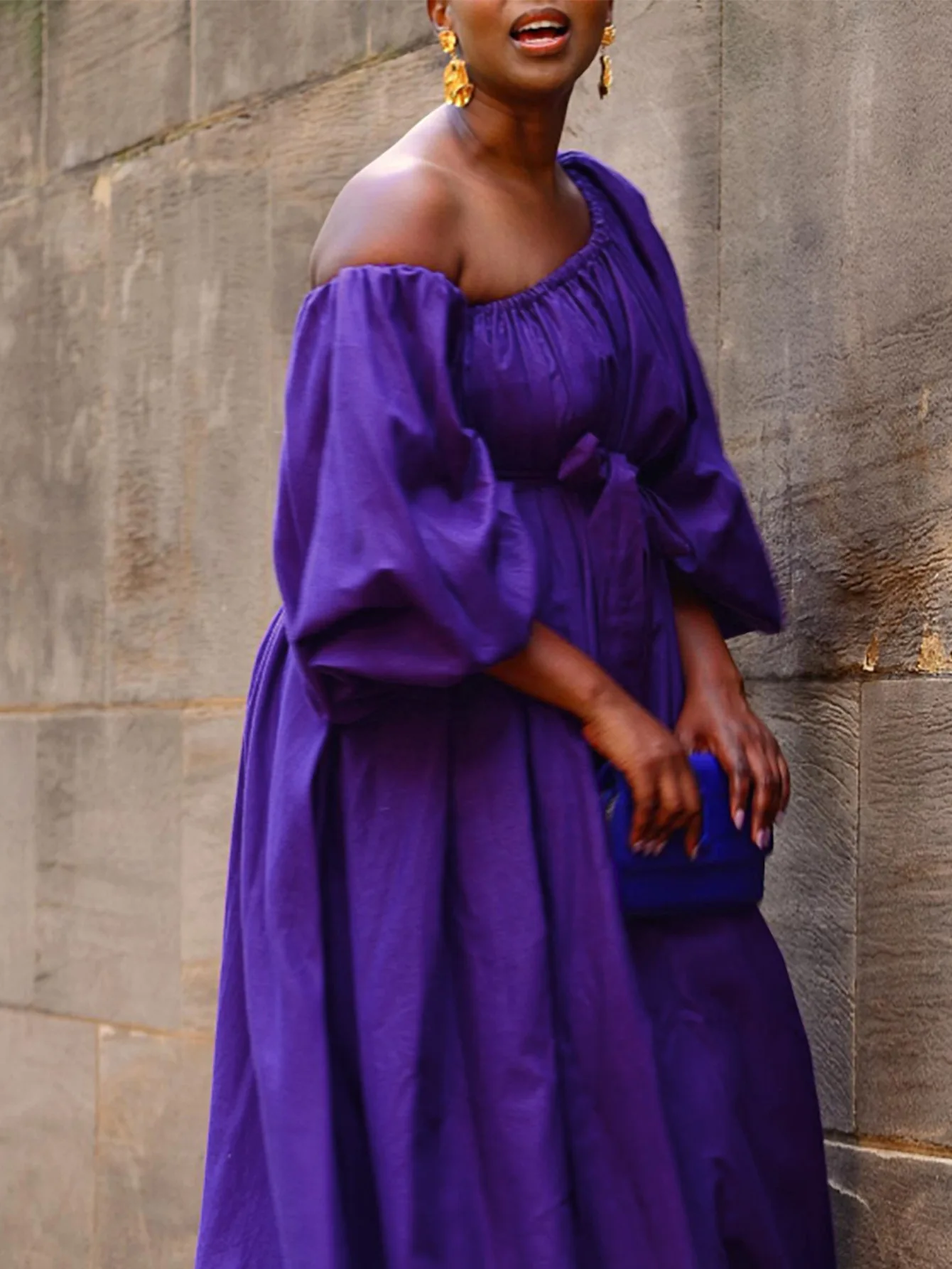 Elegantes Kleid in Übergröße mit Schräghalsausschnitt, Laternenärmel, solide Party, Hochzeit, Gast, plissiert, A-Linie, hohe Taille, langes Kleid für Damen