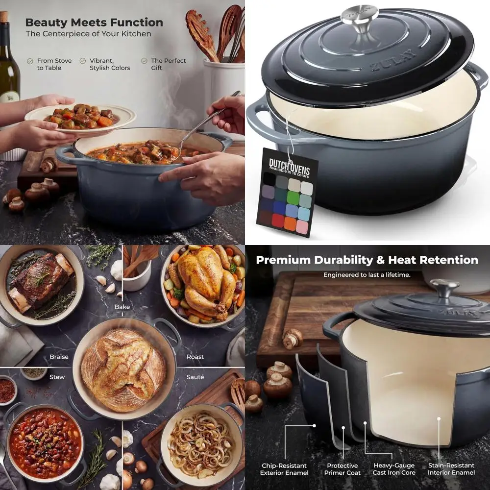 

Enameled Cast Iron Dutch Oven, 5 Quart, Oven-Safe to 500°, Ideal for Baking, Stews, Braising, Roasting - Gray
