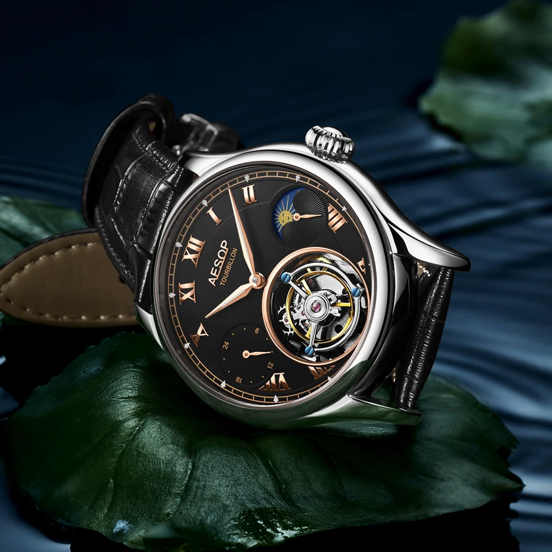 Aesop jam tangan mekanis pria, arloji Tourbillon Manual gerakan modis multifungsi Dial Stainless Steel kulit safir 7020