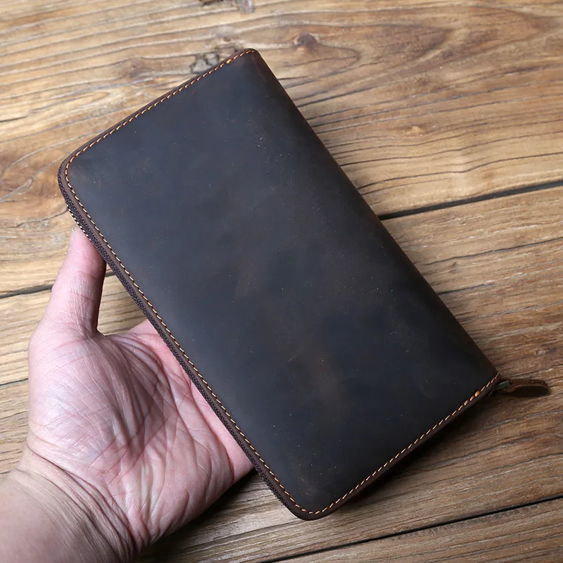 NZPJ Vintage Herren Lange Leder Geldbörse Crazy Horse Leder Handytasche Natürliches Rindsleder Clutch Bag Multifunktionale Geldbörse Kartentasche – Detail 4