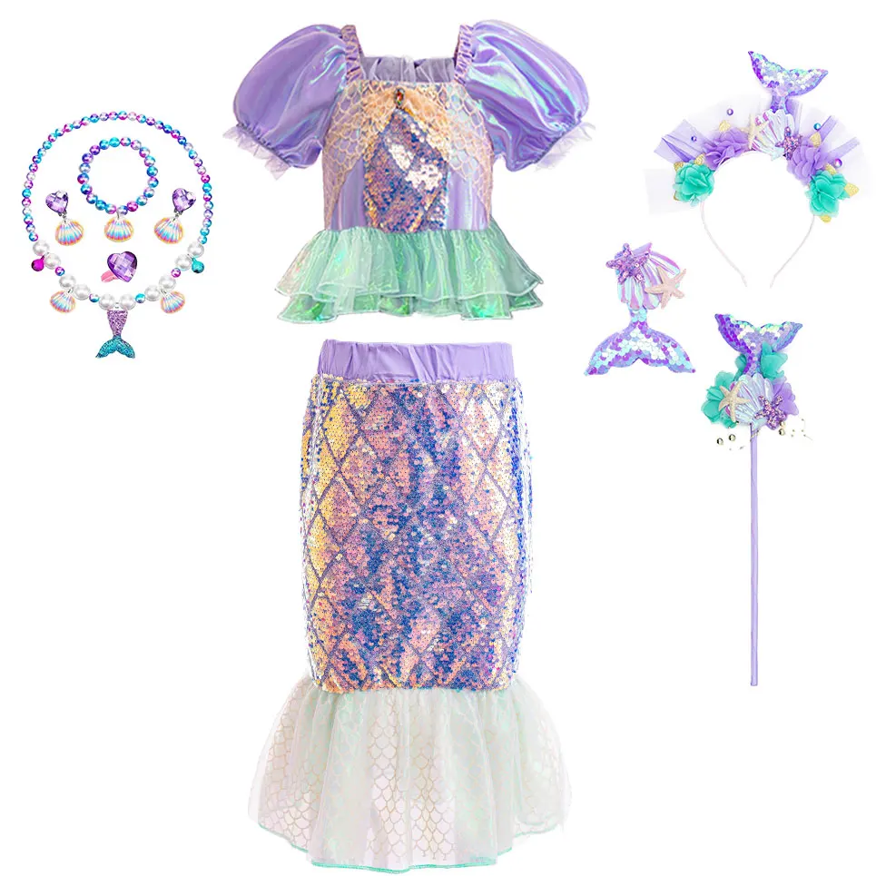 Modisches zweiteiliges Set, Meerjungfrauen-Kostüm, Oberteil + Rock, Sommer-Prinzessinnenkleid, schimmerndes Bling-Bling-Partykleid, Karneval, Ariel Cosplay