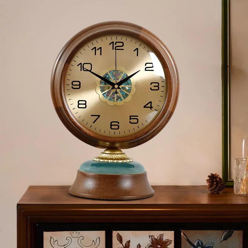 Vintage Wooden Table Clock Silent Movement Living Room Desk Clocks Ceramic Base Bedroom Office Retro Display Home Decoration