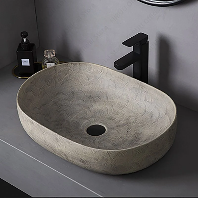 Fregadero de mesa de cerámica, recipiente ovalado para baño, cuenco sobre encimera, lavabo artístico, lavabo de tocador para balcón, lavabo de encimera