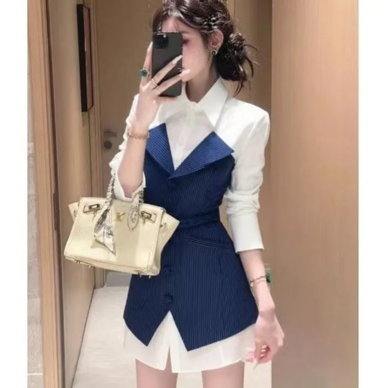 جديد مكان العمل فستان جميل المرأة الخريف بولو كم طويل سليم ألف خط فساتين صغيرة تصميم مخطط وهمية قطعتين فستان قميص #2